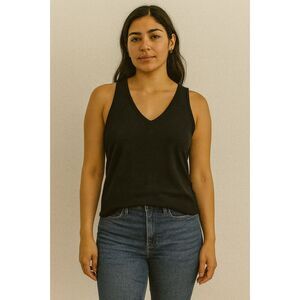 Eileen Fisher Black V-Neck Stretch Tank Top (Size PM, Viscose-Nylon Blend)